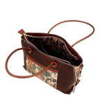 Lieblingstasche short handle bag in brown leather with a floral patterned front pocket and interior lining