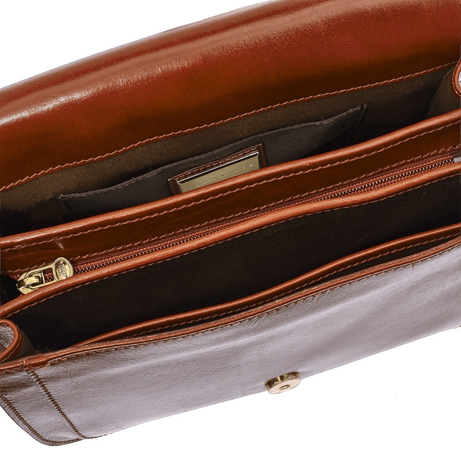 Lieblingstasche brown leather shoulder bag with multiple compartments and gold zipper detail.