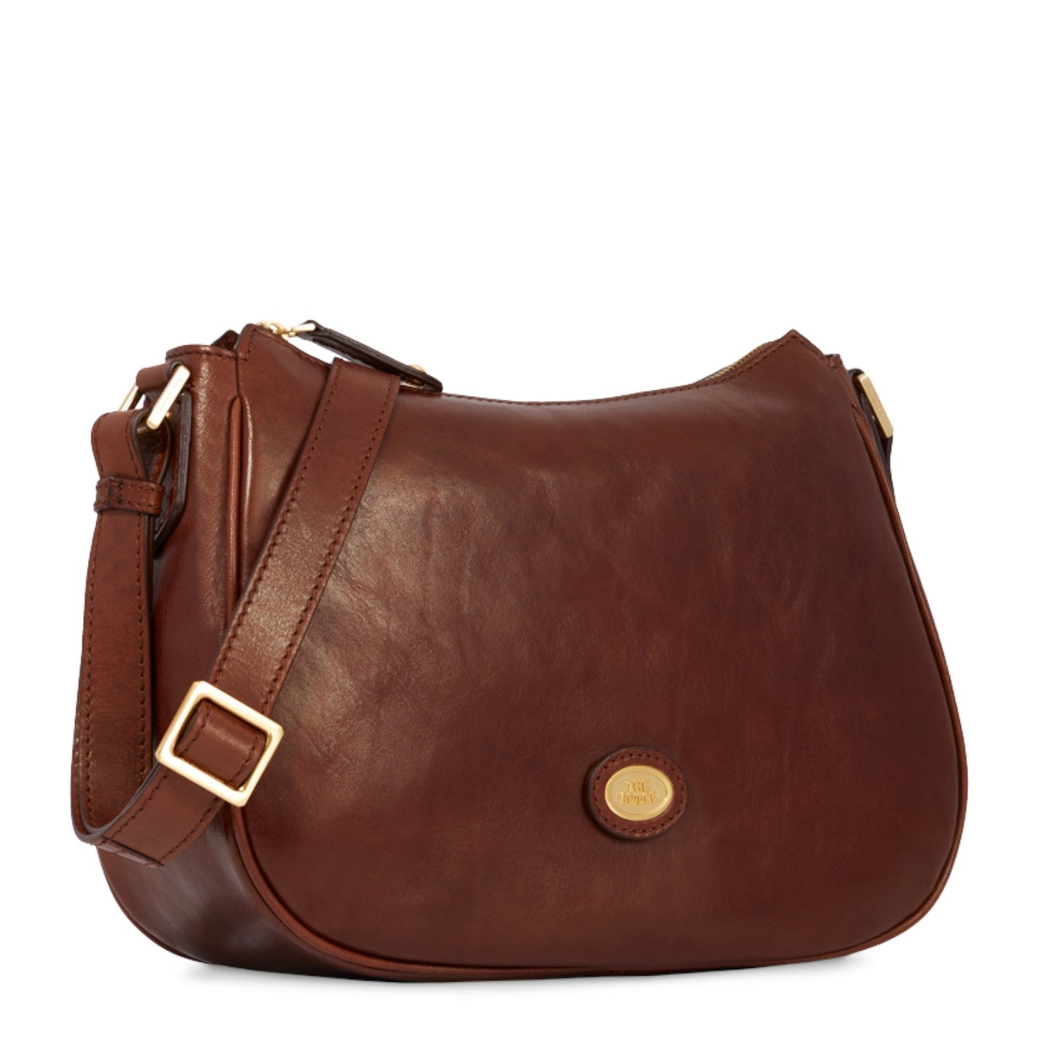 Lieblingstasche brown leather shoulder bag with zipper and adjustable strap, featuring a gold-tone logo emblem.