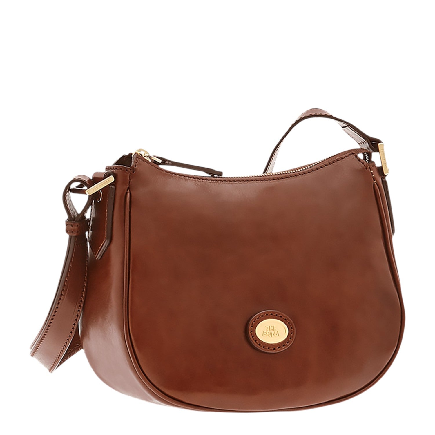 Lieblingstasche brown leather shoulder bag with zipper closure and adjustable strap.