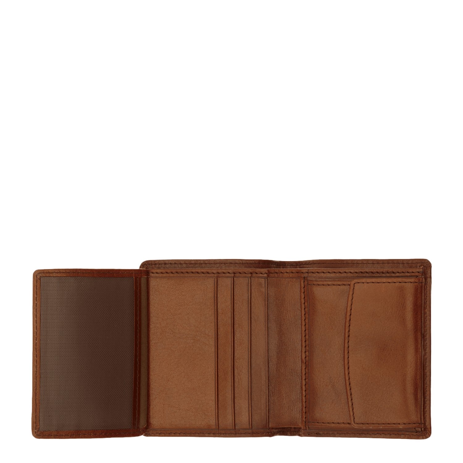 Lieblingstasche brown leather vertical tri-fold wallet with multiple card slots and ID window.