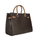 Lieblingstasche Tote M handbag in brown with a repeating geometric logo pattern and braided tan leather handles.