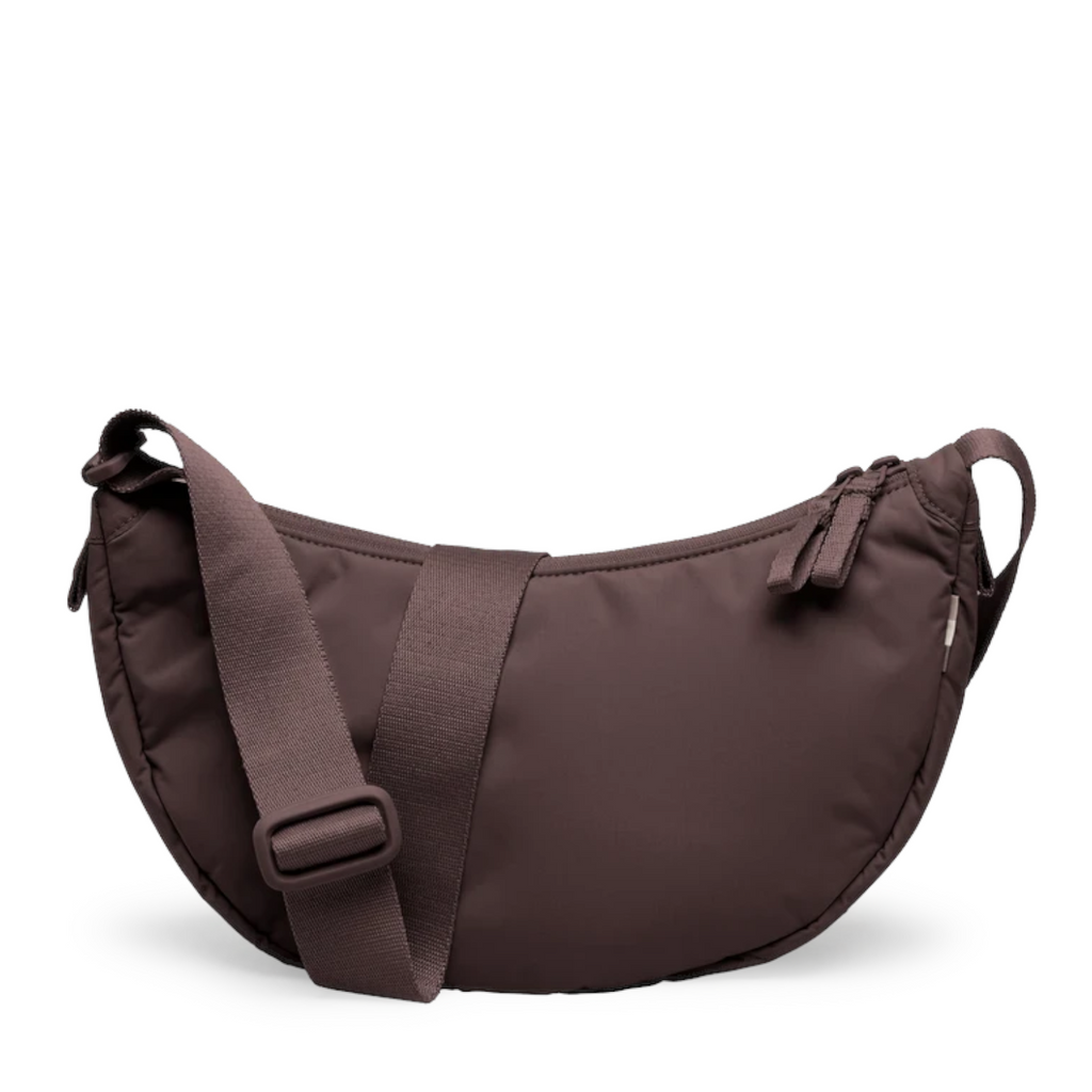 Lieblingstasche Cloud Moon Bag Small in dark brown nylon with an adjustable crossbody strap and zipper closure