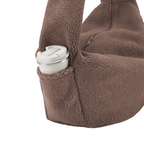 Lieblingstasche brown teddy fleece moonbag with a side pocket holding a white travel mug