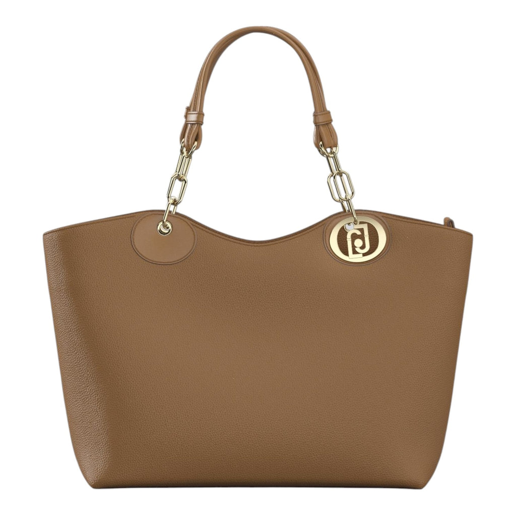 Lieblingstasche ECS Tote L in brown faux leather with gold chain handle accents and circular logo charm