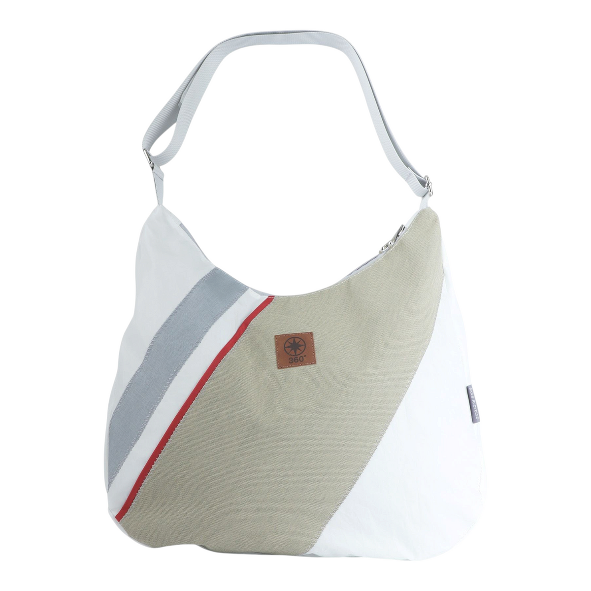 Lieblingstasche Bucht hobo bag in white and beige canvas with grey and red stripe accents and a brown logo patch