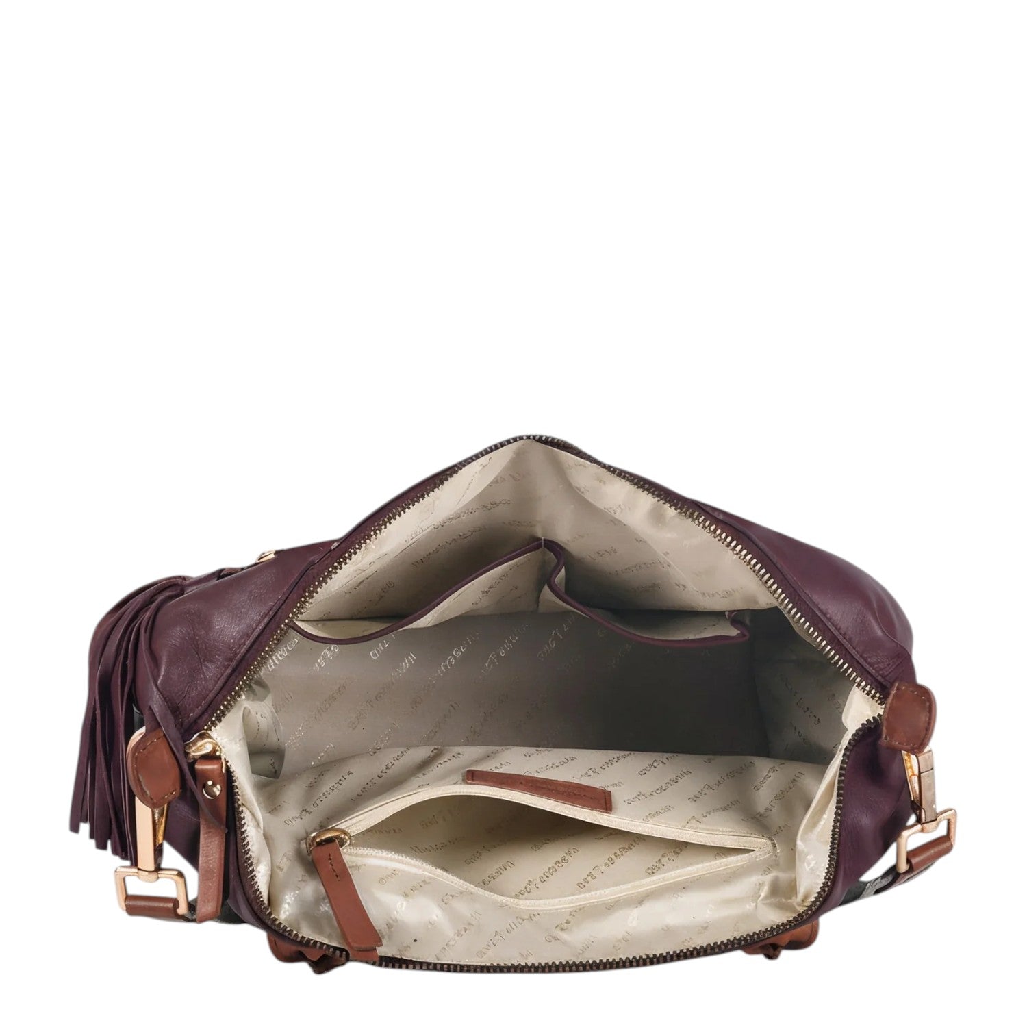 Lieblingstasche Lucia M burgundy leather handbag with tassel detail and multiple interior pockets.