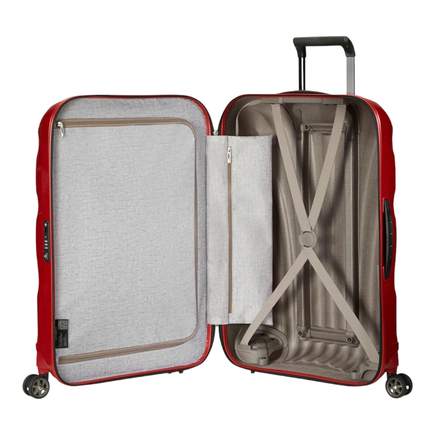 Lieblingstasche C-Lite Spinner 75/28 in Chili Red, a large hardshell suitcase with interior organization, straps, and wheels.