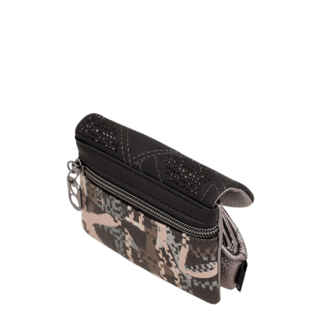 Lieblingstasche purse featuring a black flap with rhinestone details and a camouflage pattern body with zipper