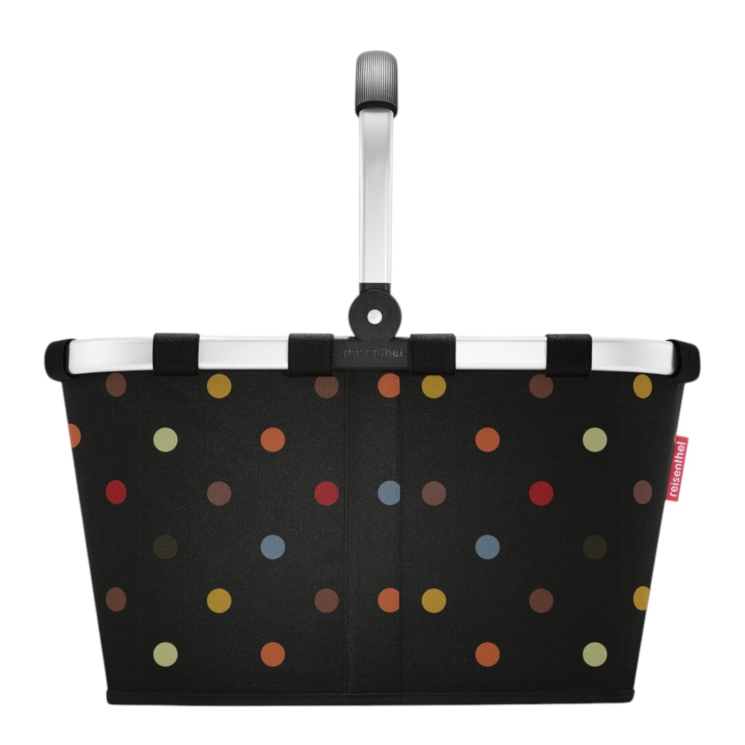 Lieblingstasche Carrybag in black with a colourful polka dot pattern and a sturdy silver aluminium handle