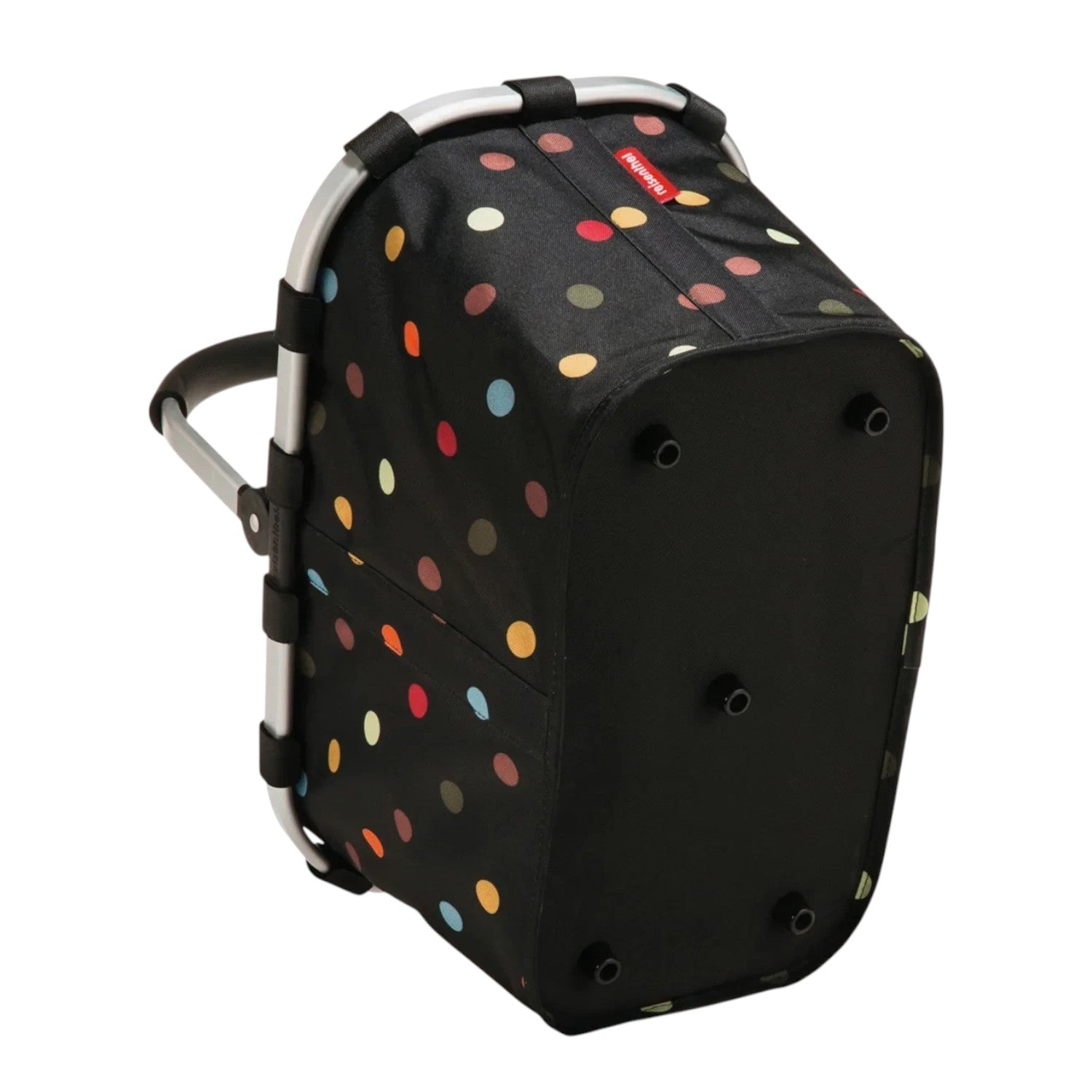 Lieblingstasche Carrybag in black with colorful polka dots, featuring a sturdy aluminum frame and protective feet.