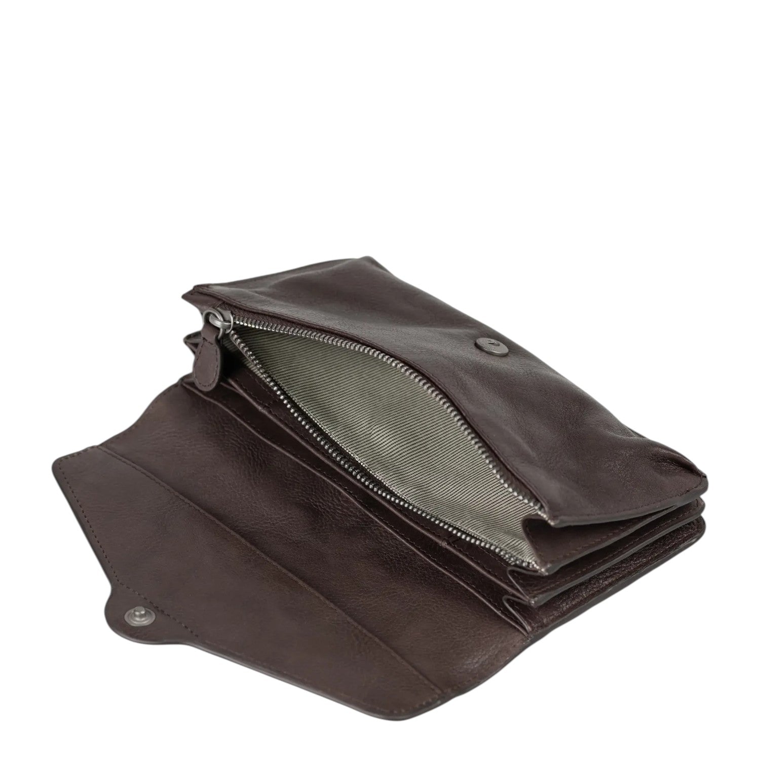 Lieblingstasche Charlene dark brown leather wallet with a snap button closure and zippered interior compartment