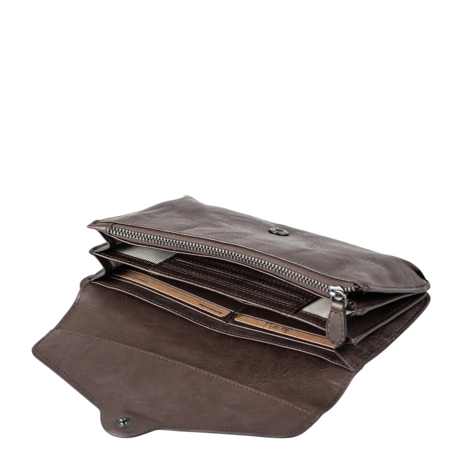 Lieblingstasche Charlene brown leather wallet with open interior featuring card slots and a zippered compartment