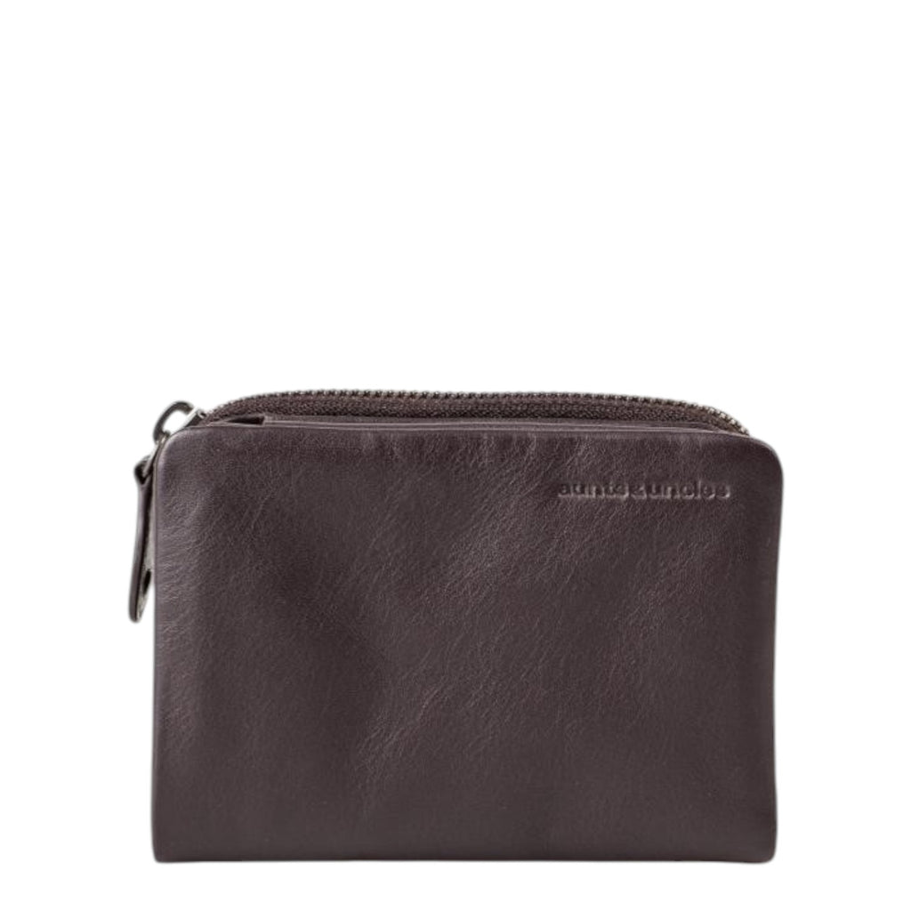 Lieblingstasche Cherry dark brown leather wallet with a zip closure and embossed logo on a white background
