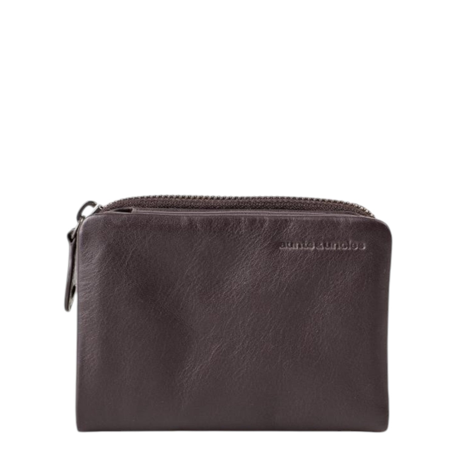 Lieblingstasche Cherry dark brown leather wallet with a zip closure and embossed logo on a white background