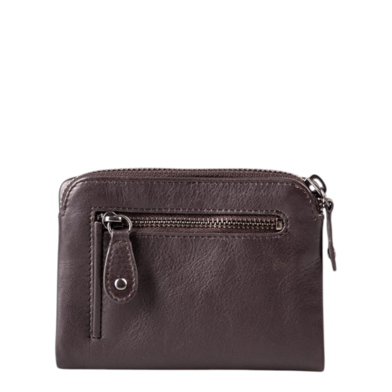 Lieblingstasche Cherry dark brown leather wallet with a front zipper pocket and silver hardware