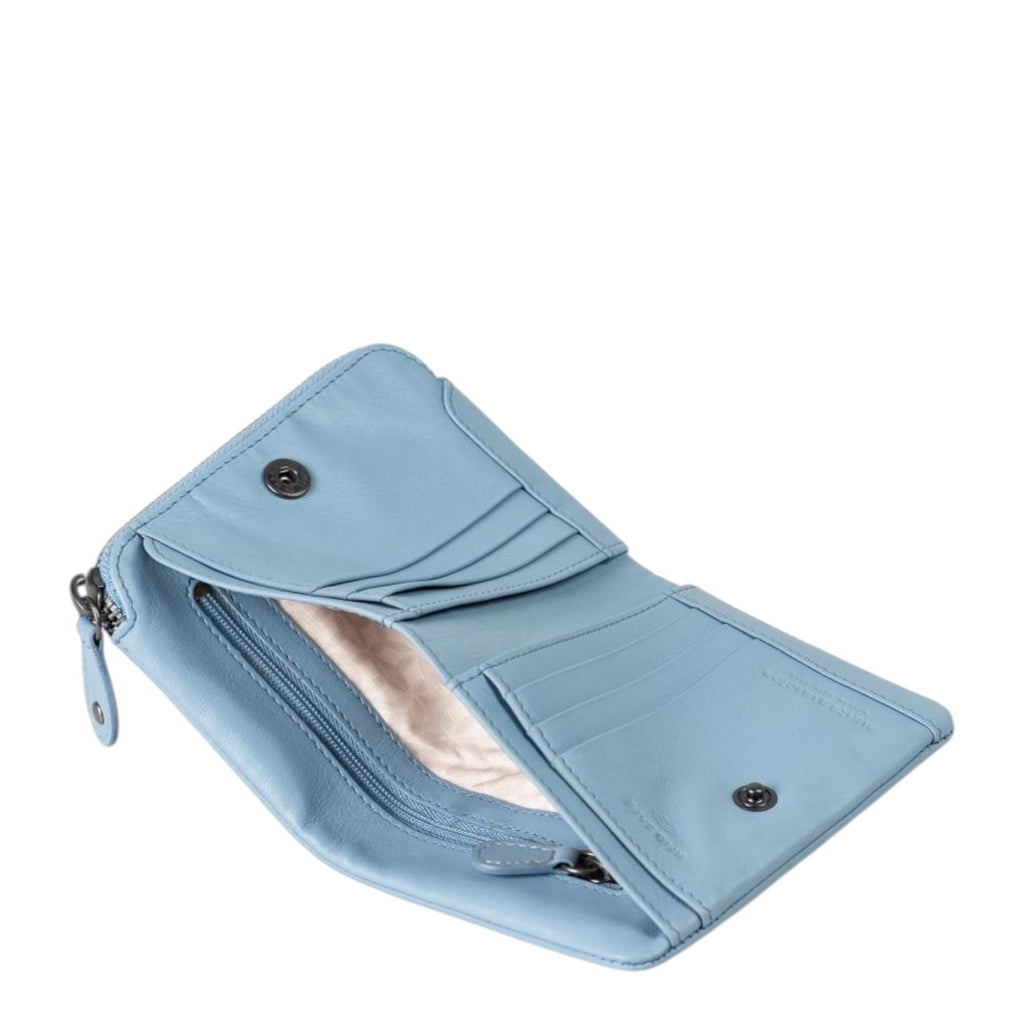 Lieblingstasche Cherry light blue leather wallet with interior card slots and a zippered coin compartment