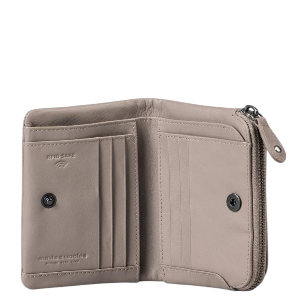 Lieblingstasche Cherry taupe leather wallet with RFID protection, open view showing card slots and zipper pocket
