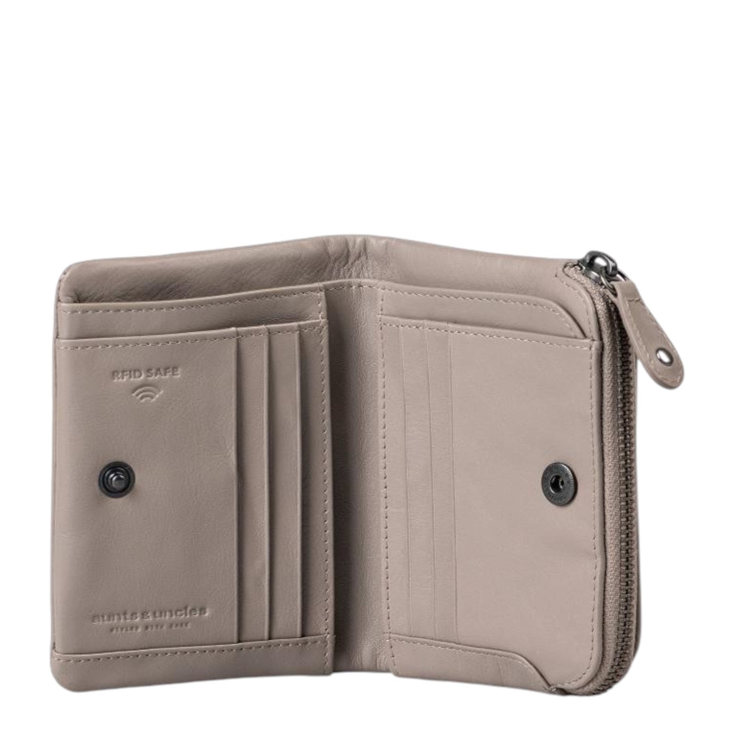 Lieblingstasche Cherry taupe leather wallet with RFID protection, open view showing card slots and zipper pocket