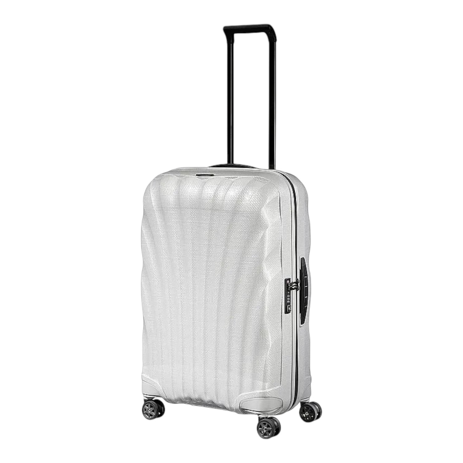 Lieblingstasche C-Lite Spinner 69/25 suitcase in metallic silver with a ribbed hard shell and four spinner wheels.