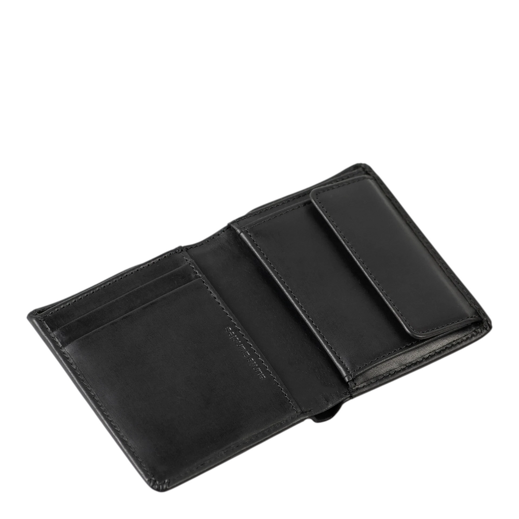 Lieblingstasche Clive black leather wallet with open interior featuring card slots and a coin pocket