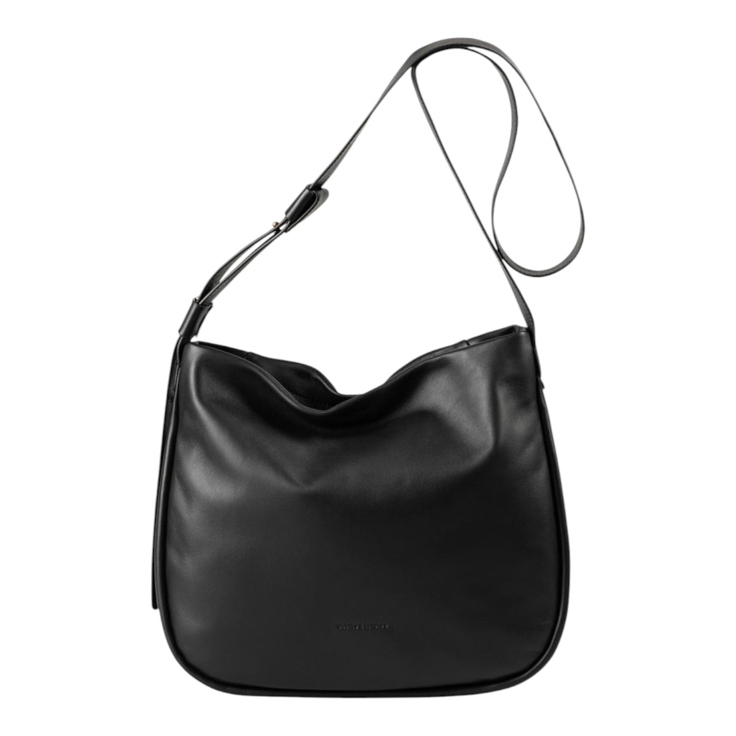 Lieblingstasche Coral black leather hobo bag with an adjustable shoulder strap against a white background