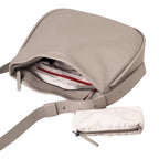 Lieblingstasche Coral taupe leather crossbody bag with an open top, interior zip pocket, and matching small pouch.