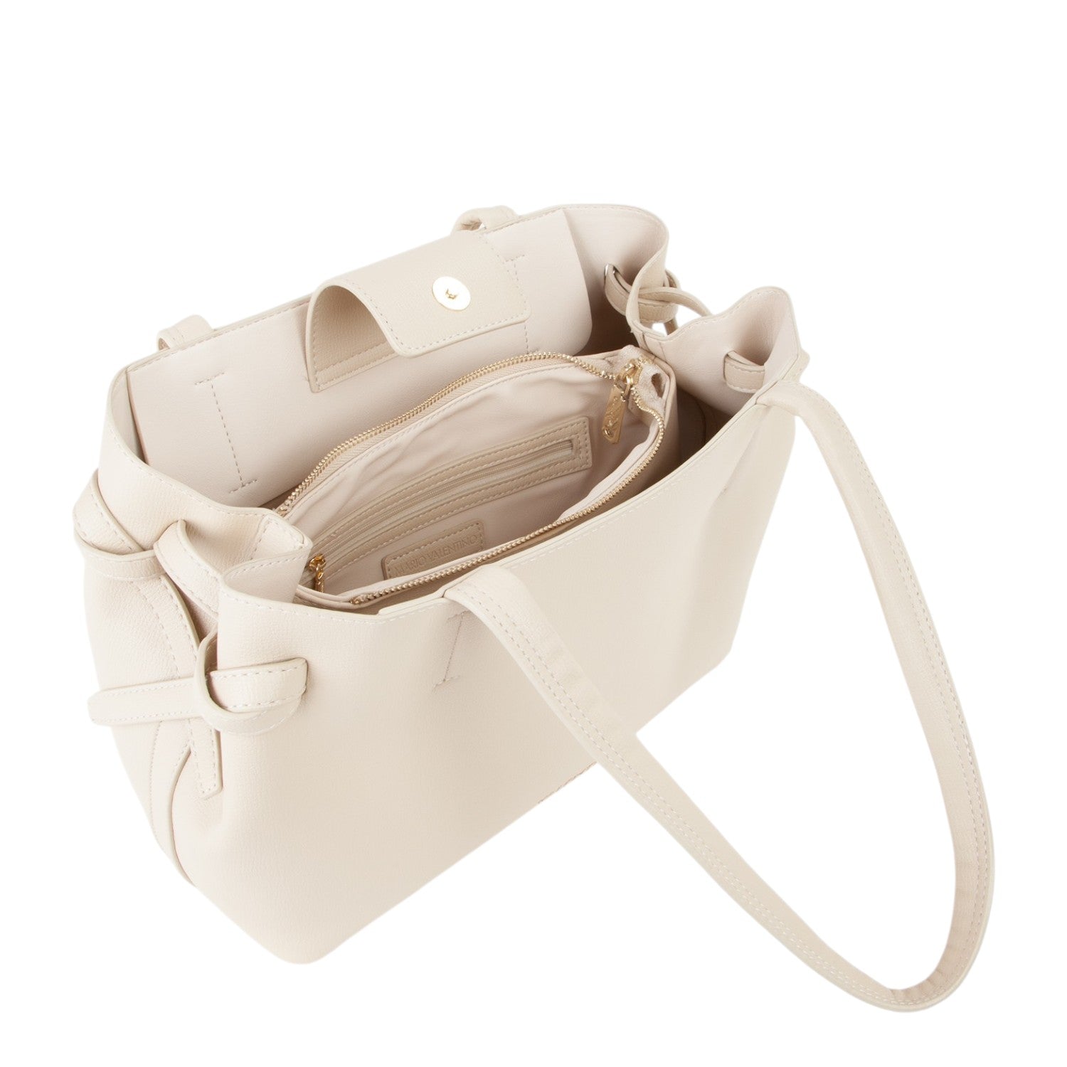 Lieblingstasche cream faux leather tote bag with interior zip pocket and snap closure.