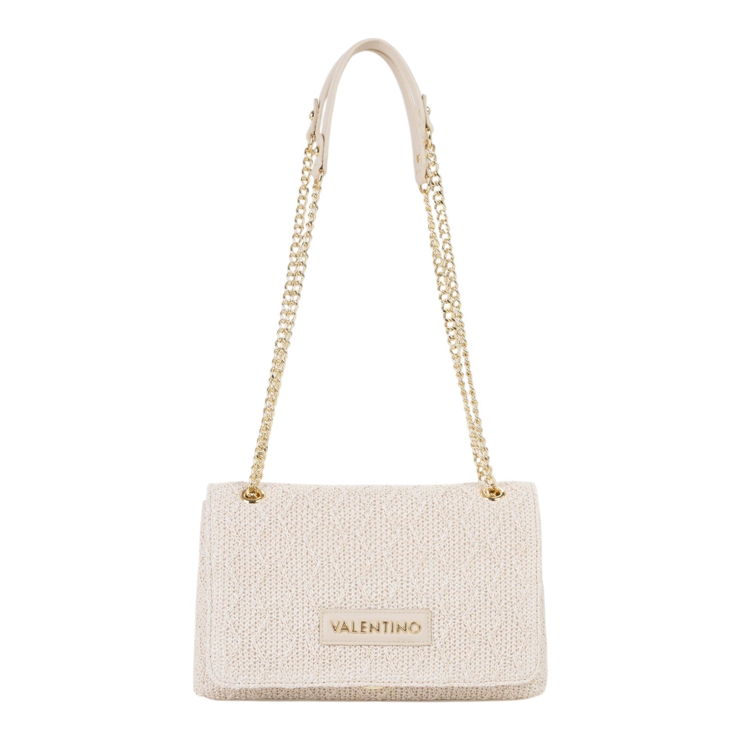 Lieblingstasche Ocarina flap bag in cream woven material with gold chain strap and Valentino logo.