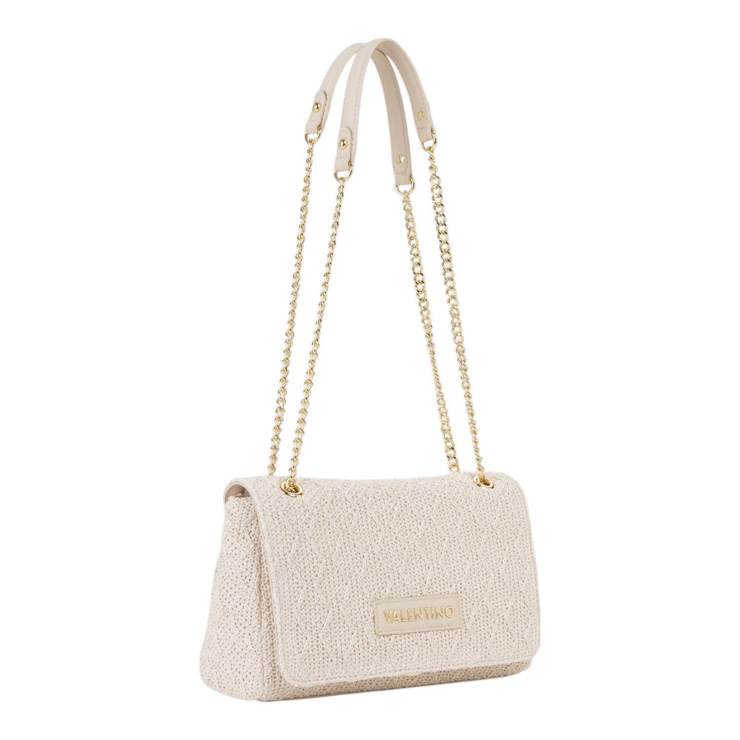 Lieblingstasche Ocarina flap bag in cream woven material with gold chain strap and leather accents.