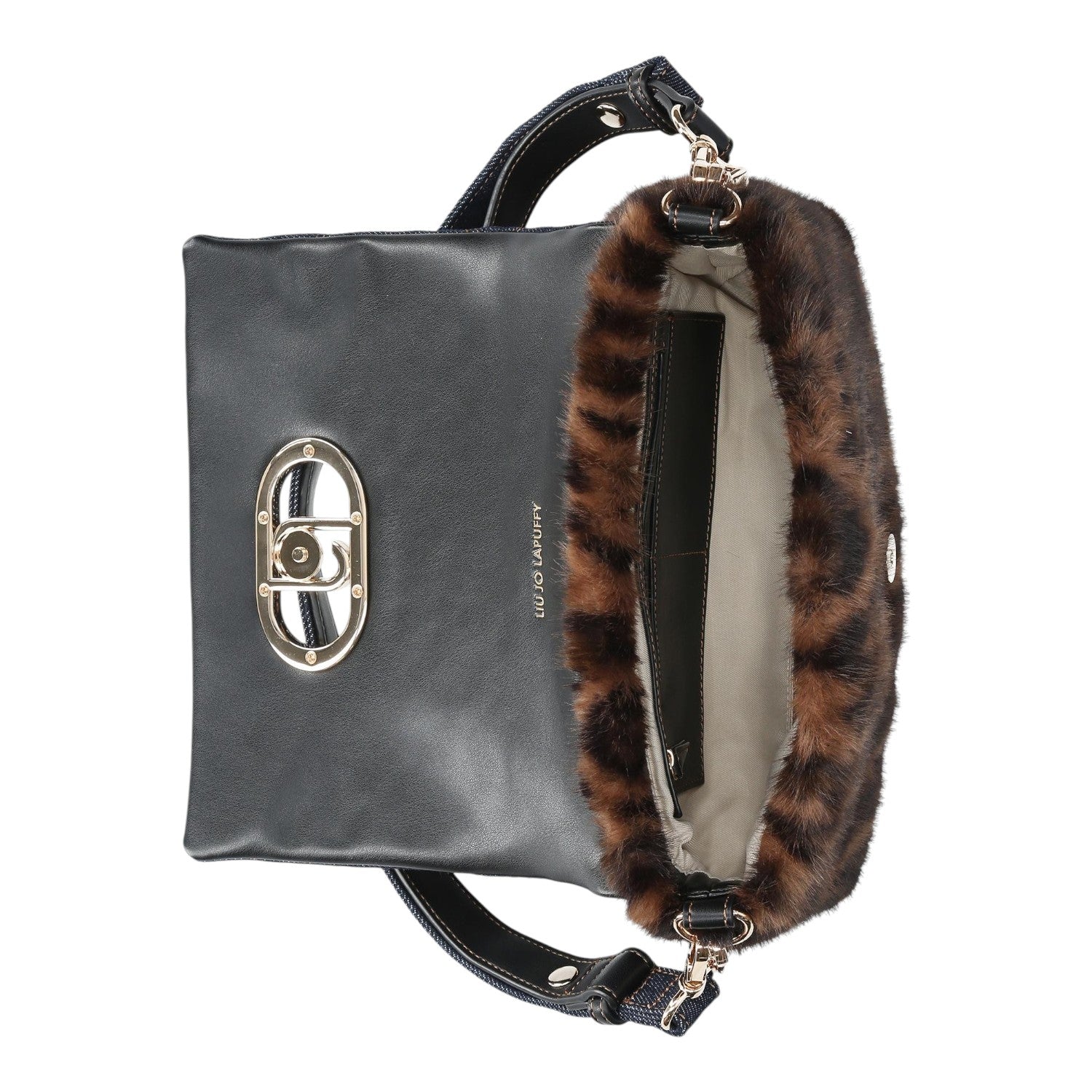 Lieblingstasche Crossbody M bag in black with a leopard print faux fur trim and gold-tone metal hardware