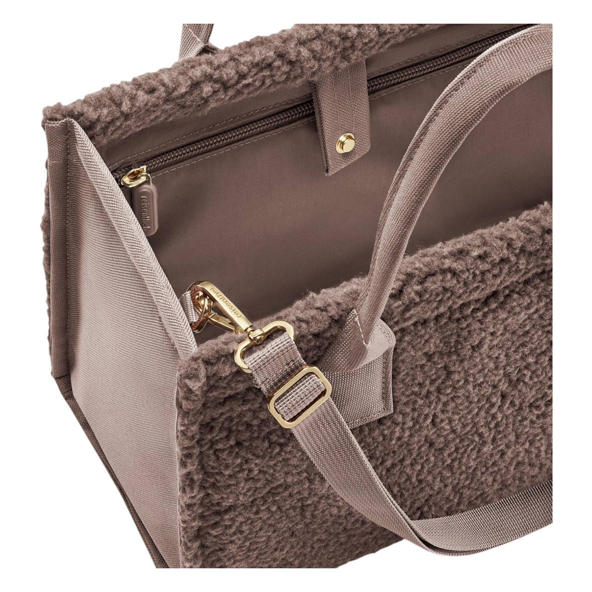 Lieblingstasche Daily Shopper XS in brown teddy fleece with gold-tone hardware and interior zipper pocket