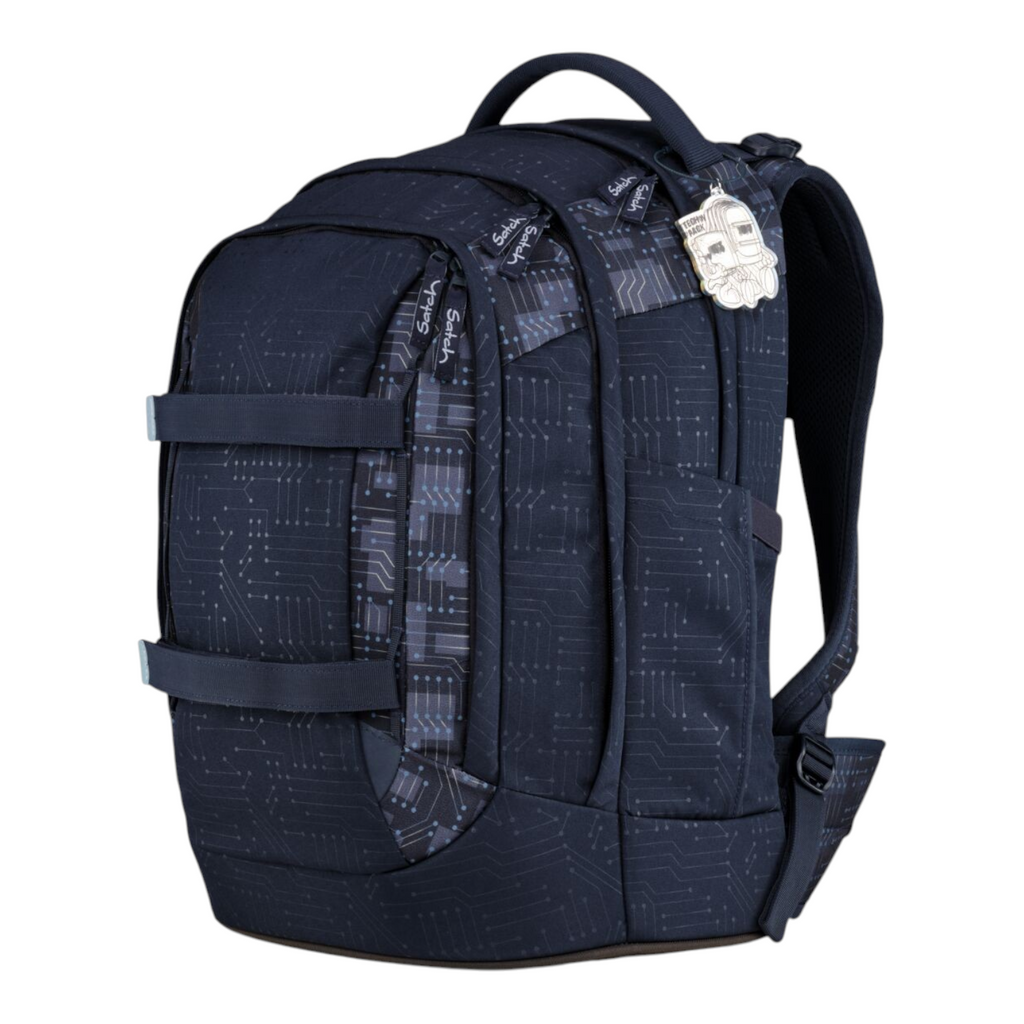 Lieblingstasche Pack Set school backpack in dark blue with a grey circuit board pattern and a silver charm