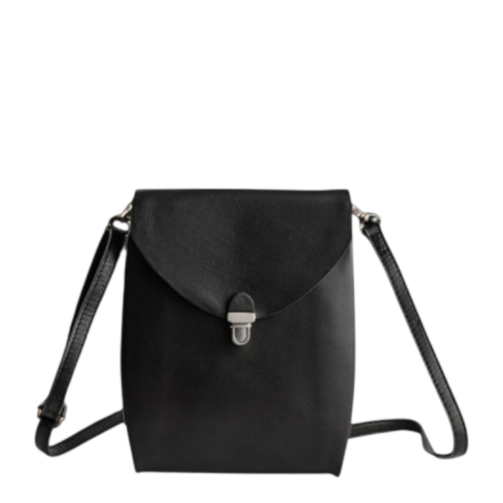Lieblingstasche dark blue leather fold-over flap crossbody bag with silver clasp.