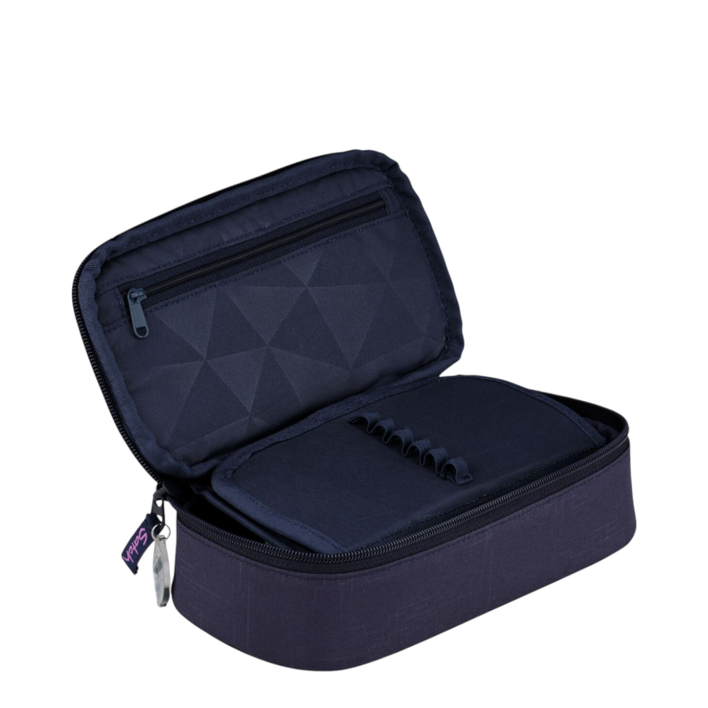 Lieblingstasche dark blue pencil case with internal pen loops and zippered compartment, open view