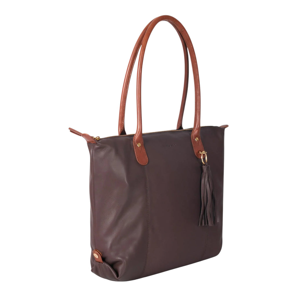 Lieblingstasche Lucia L dark brown leather tote bag with tan leather straps and tassel detail.