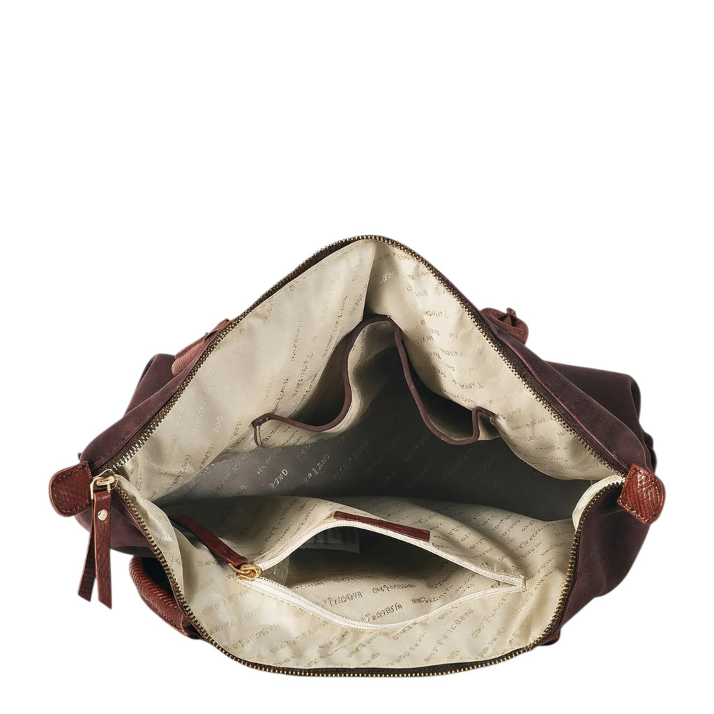 Lieblingstasche Sofia L dark brown suede tote bag with multiple interior pockets and leather trim.
