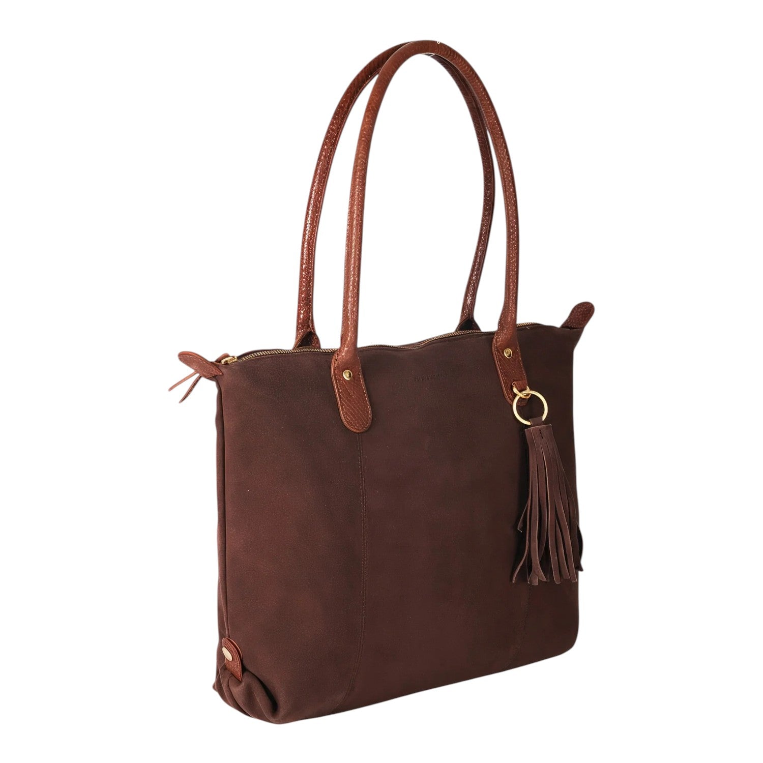 Lieblingstasche Sofia L dark brown suede tote bag with leather handles and tassel detail.