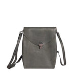 Lieblingstasche dark grey leather fold-over flap handbag with metal clasp and adjustable strap.