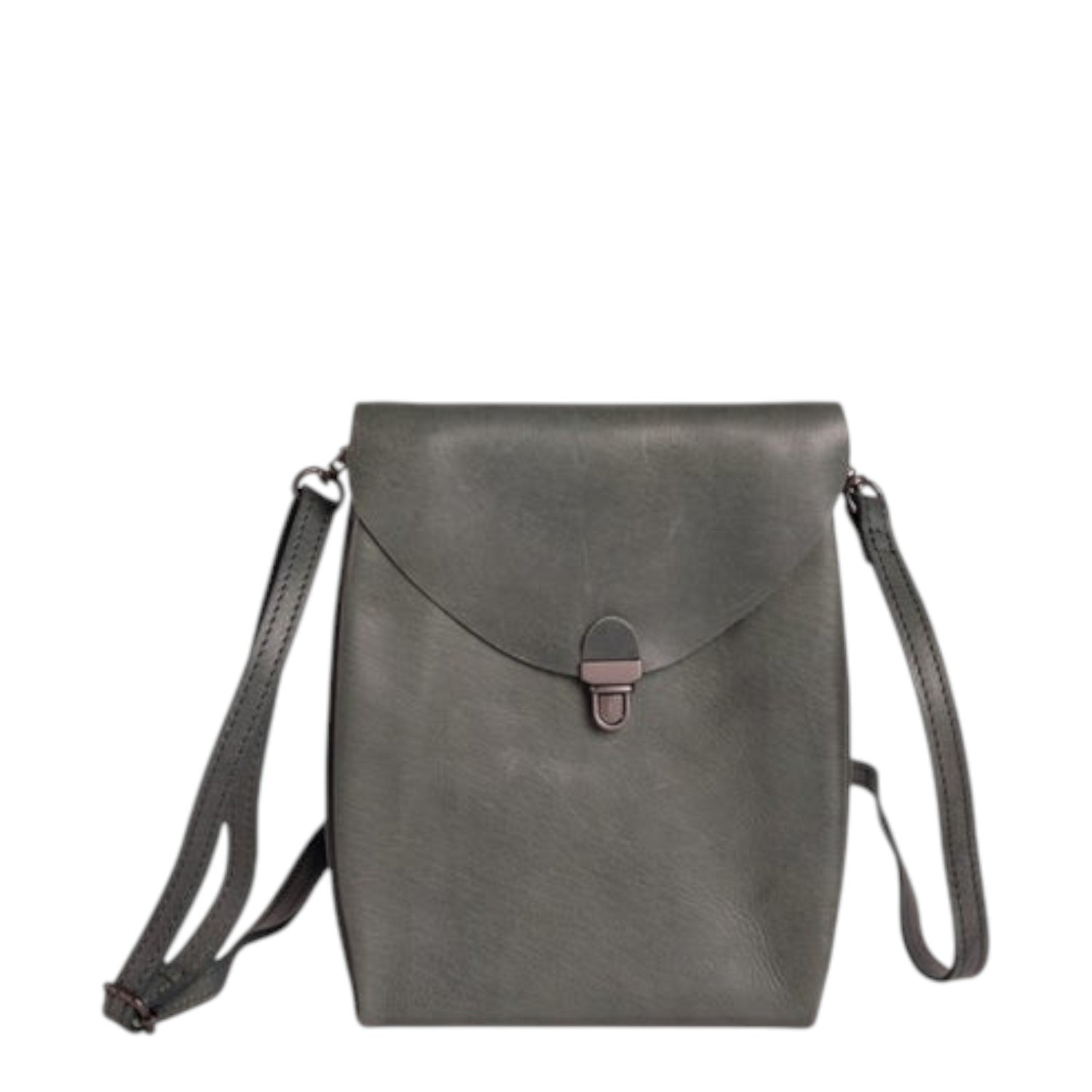 Lieblingstasche dark grey leather fold-over flap handbag with metal clasp and adjustable strap.