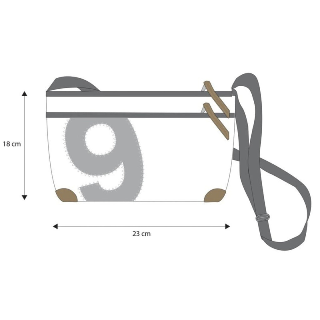 Lieblingstasche Deern Lütt white crossbody bag with grey number 9 print, adjustable strap, and brown corner accents.