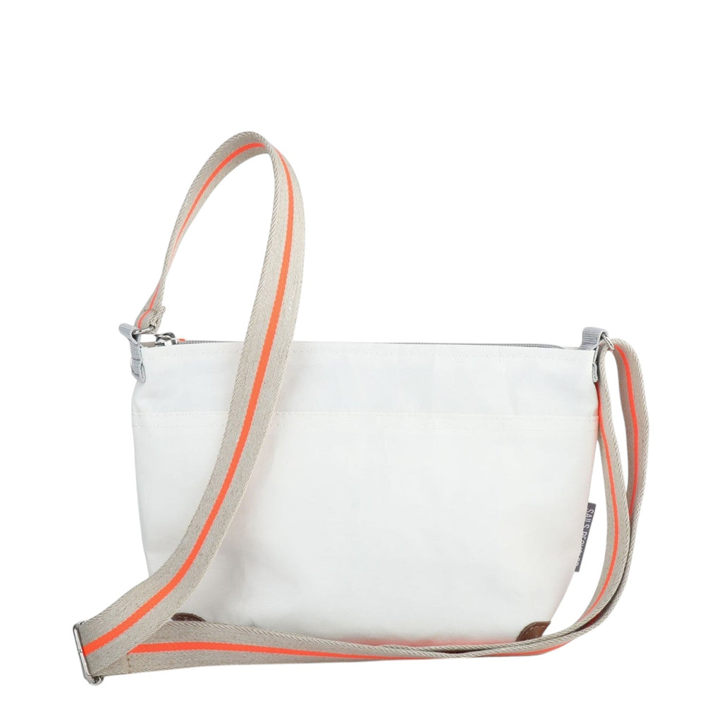 Lieblingstasche Deern Lütt white crossbody bag with a beige and neon orange striped adjustable shoulder strap