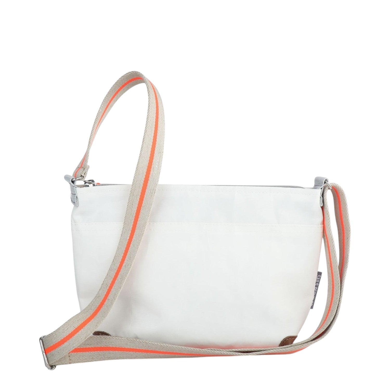 Lieblingstasche Deern Lütt white crossbody bag with a beige and neon orange striped adjustable shoulder strap