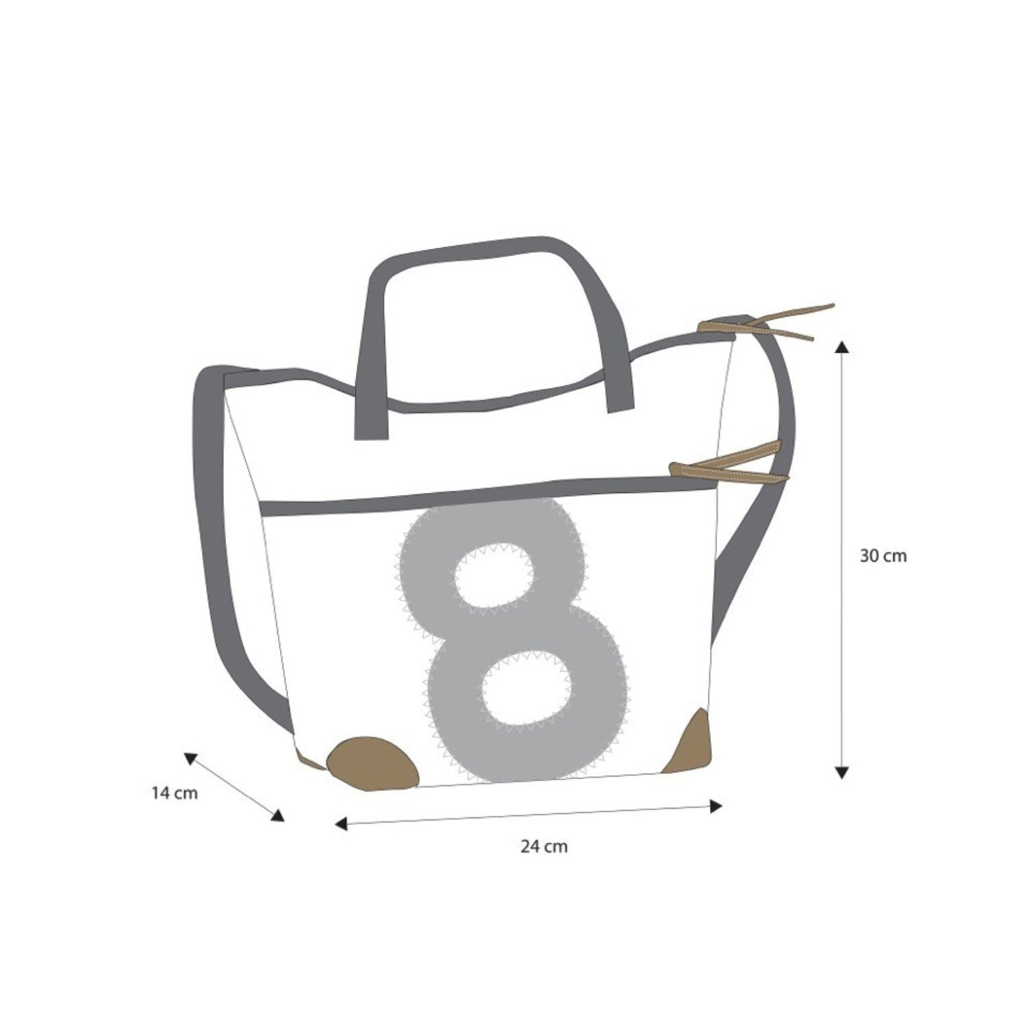 Lieblingstasche Deern Mini tote bag with number 8 graphic, grey trim, and brown corner accents on white background