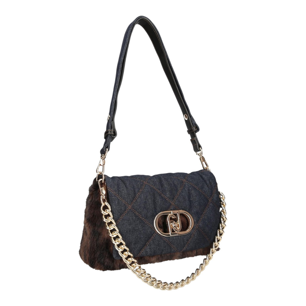 Lieblingstasche Crossbody M bag in quilted dark blue denim with brown faux fur trim and gold chain shoulder strap
