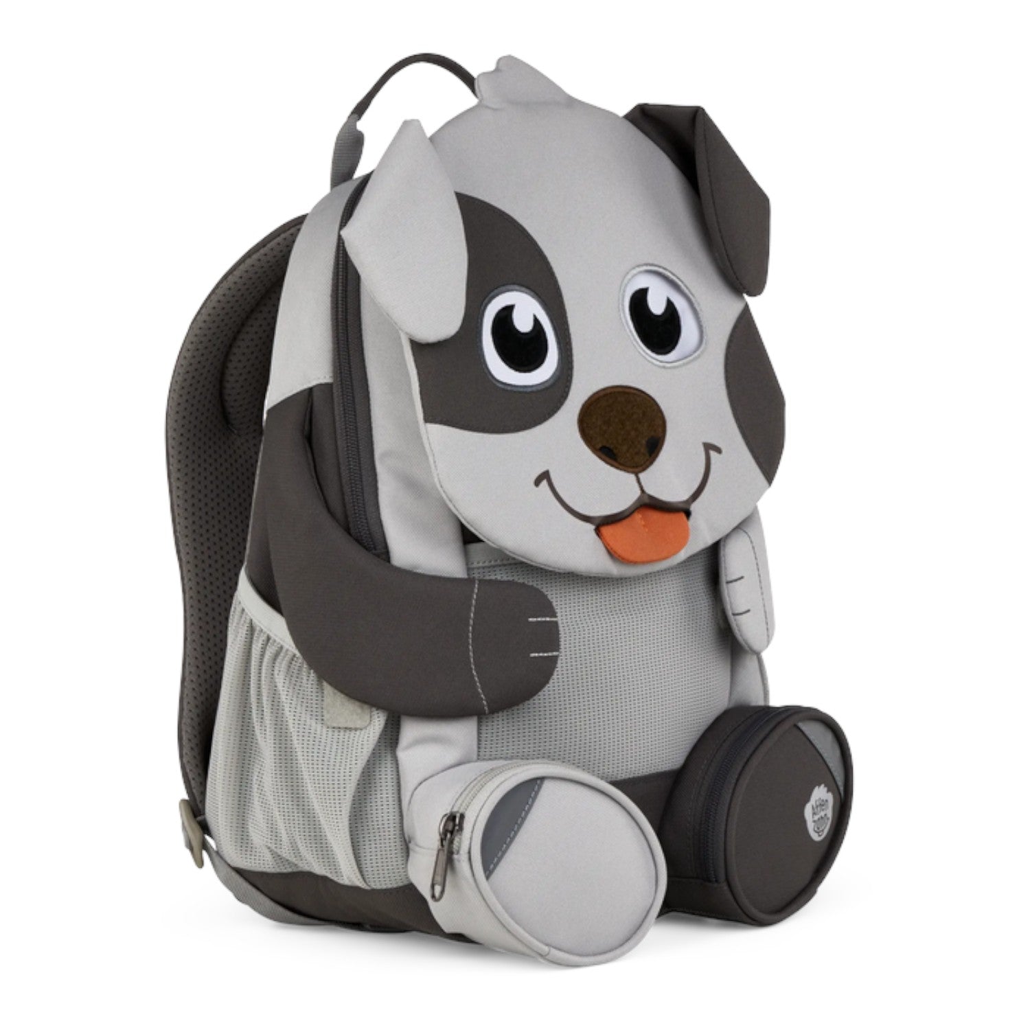 Lieblingstasche grey and dark grey dog-shaped backpack with mesh side pockets and a small zippered pouch.
