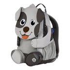 Lieblingstasche grey and dark grey dog-shaped backpack with embroidered eyes and orange tongue detail.