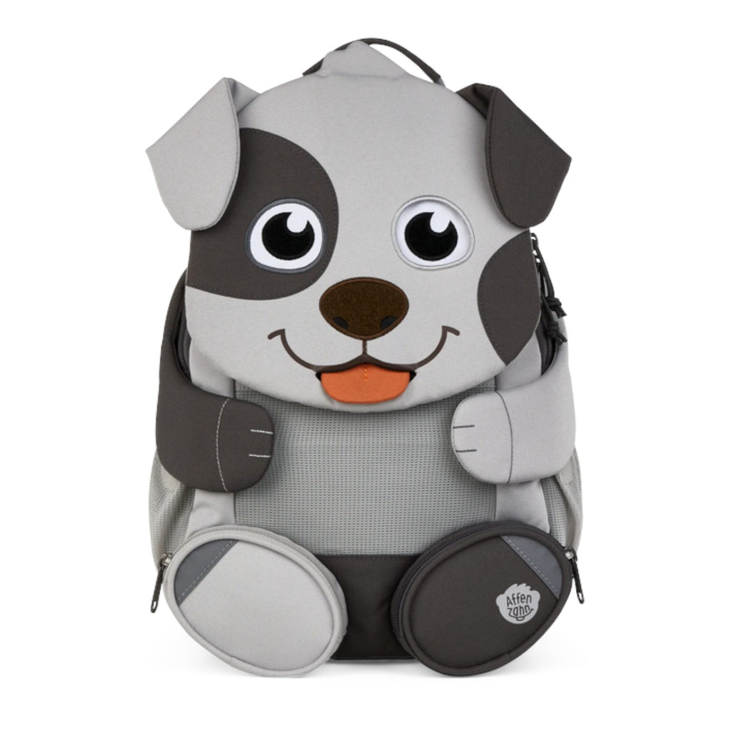 Lieblingstasche Großer Freund dog backpack with grey and dark grey accents, mesh panel, and orange tongue detail.