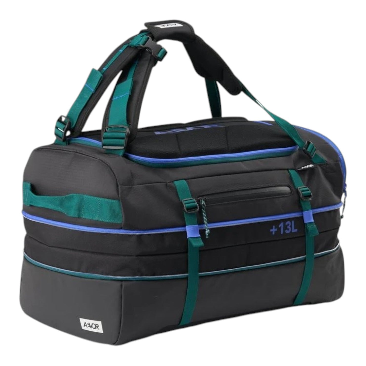 Lieblingstasche Duffel Pack in black with teal and blue accents, featuring a 47-60L expandable design for travel.