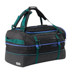 Lieblingstasche Duffel Pack in black with teal and blue accents, featuring expandable 47-60L capacity and straps.